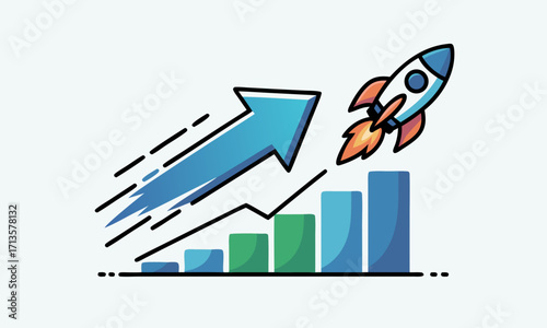 Rocket Launching Over Upward Trend Bar Chart.