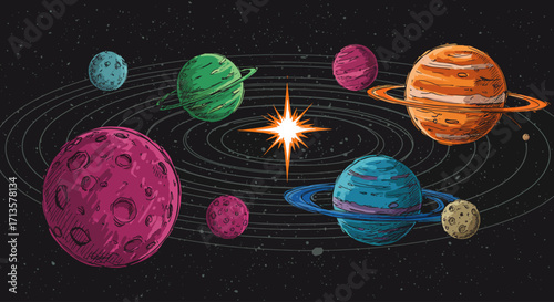 Vibrant and stylized illustration of a fantasy solar system with orbiting planets