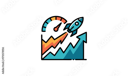 Rocket Launching Over Upward Trend Graph and Speedometer Icon.