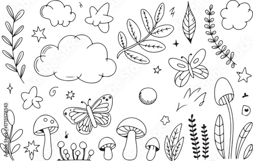 Whimsical hand drawn nature elements butterfly mushrooms and clouds doodle