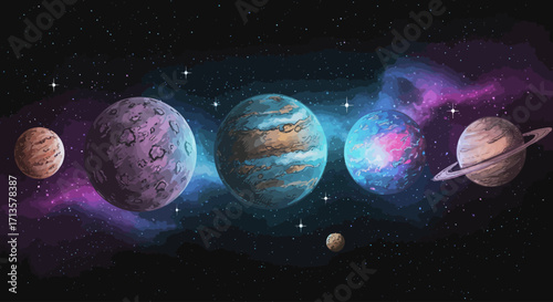 Planets in the galaxy, cosmic wallpaper and space exploration