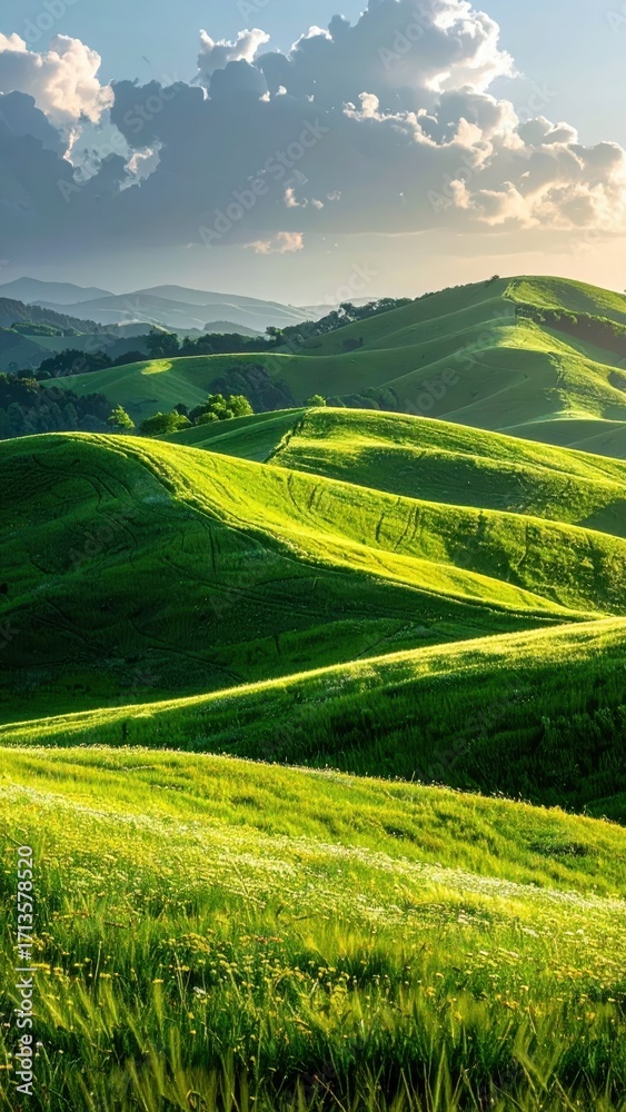 Fototapeta premium Lush Green Hills Under a Beautiful Sky at Sunset in Nature Landscape