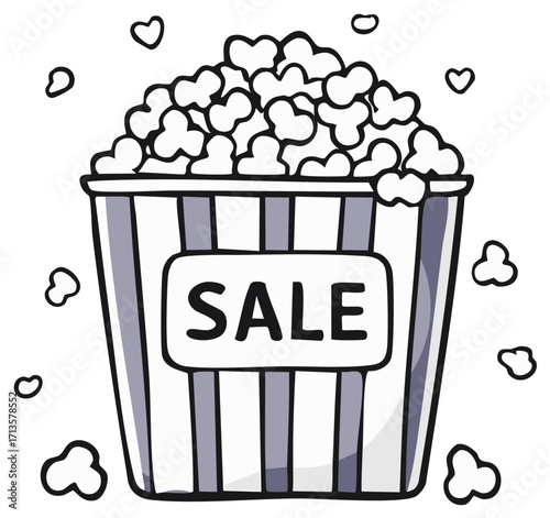 Popcorn in Striped Bucket with Sale Sign Outlined Food Concessions and Promotions