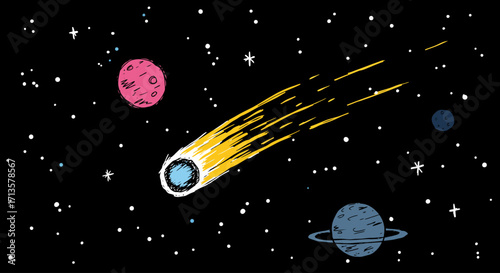 Colorful Cosmic Comet Streak Across Starry Night Sky