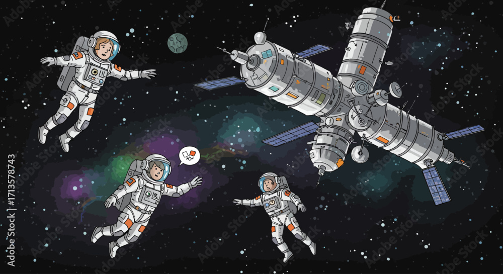 Naklejka premium Astronauts Floating in Space with Space Station Illustration