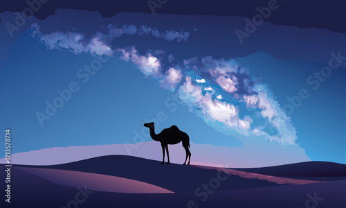 Silhouette of a camel standing on desert dunes under a blue watercolor sky.