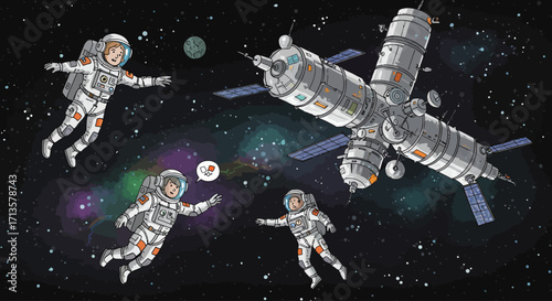 Astronauts Floating in Space with Space Station Illustration