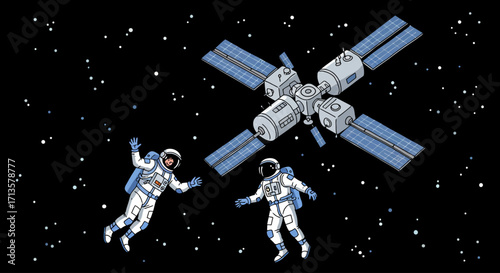 Astronauts Floating in Space near a Space Station