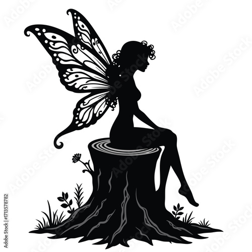 Black silhouette fairy with ornate wings sits on tree stump