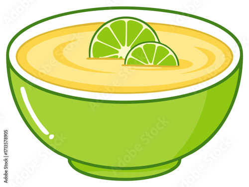 Vibrant green bowl holds a creamy yellow dessert garnished with two fresh lime slices a bright citrus themed illustration