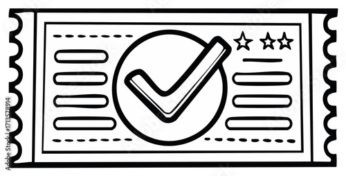 Hand drawn doodle validation ticket with checkmark and reward stars