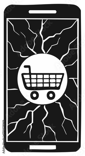 Broken Smartphone Screen with Shopping Cart Icon Symbolizing E Commerce Issues