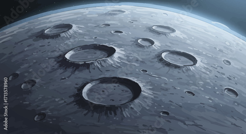 Stylized illustration of a gray celestial body with detailed impact craters