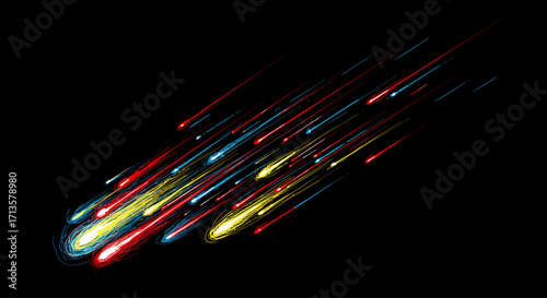 Abstract special effect of a colorful meteor shower with glowing light trails on a black background