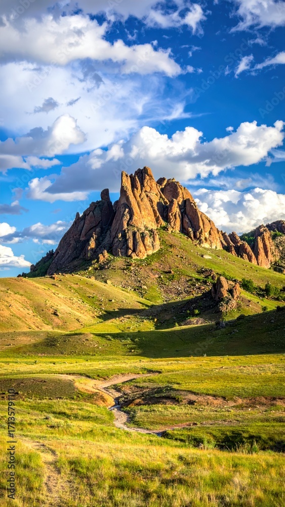 Obraz premium Majestic Rocky Peaks Under Bright Blue Sky with Fluffy Clouds