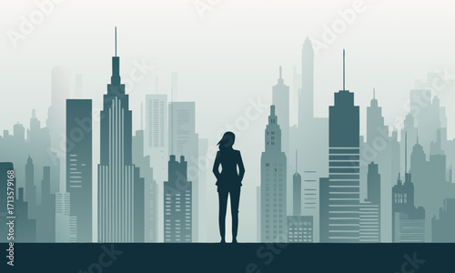 Silhouette of a woman standing before a stylized cityscape.