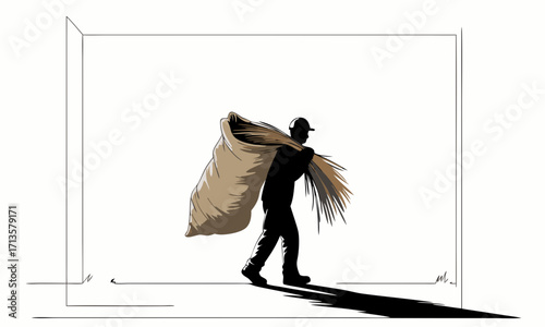 Silhouette of a worker carrying a large sack of grain over his shoulder.
