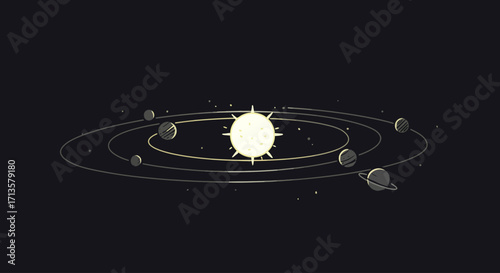Stylized solar system illustration with sun and planets
