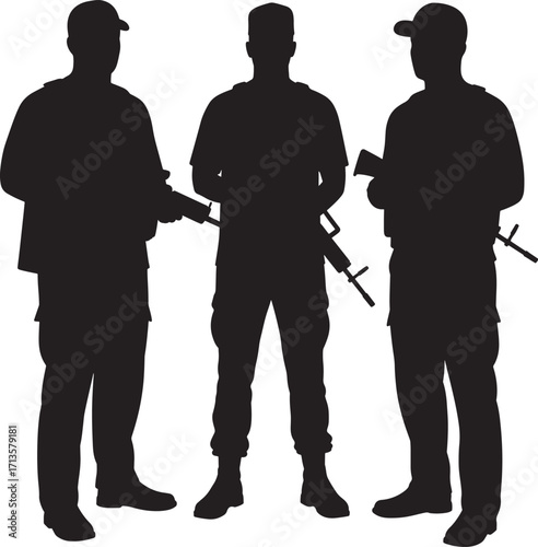 Three male military soldier silhouettes standing together with weapons