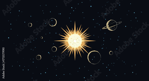 Stylized Solar System Illustration with a Central Sun and Orbiting Planets
