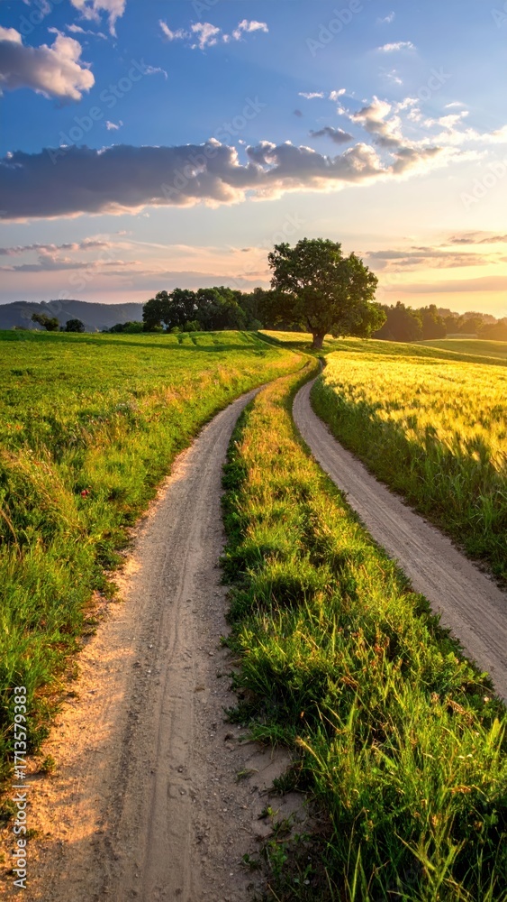 Obraz premium Serene Country Road with Lush Green Fields and Majestic Tree