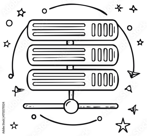 Doodle network server rack with abstract data flow and stars