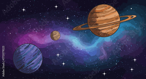 Planets in the Galaxy A Celestial Watercolor Painting of Space