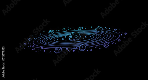 Futuristic cosmic system with orbiting planetary bodies and glowing digital effects