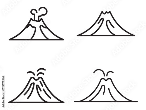 Volcano silhouette outline illustration with smoke and lava isolated on white background