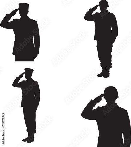 Saluting soldier or military veteran silhouette collection on white background