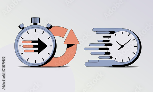 Stopwatch with arrow and fastmoving clock illustration.