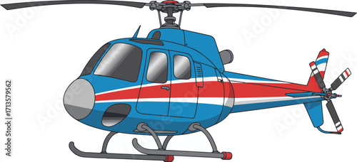Bright blue helicopter with red and white stripes