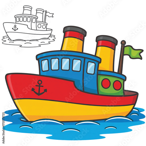 Colorful cartoon tugboat illustration with outline sketch