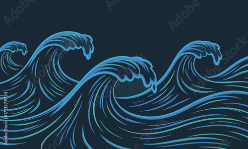 Stylized Blue Waves Crashing on a Dark Background.