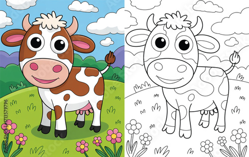 Cute cartoon cow coloring page with a colorful version