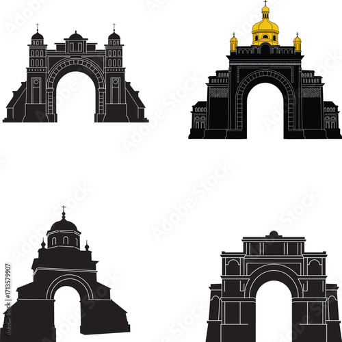 Historical and religious triumphal arch landmarks silhouette collection on white background
