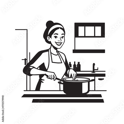 Black and White Vector Illustration of a Smiling Woman Cooking in Kitchen with Apron and Headband
