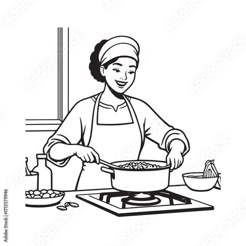 Black and White Vector Illustration of a Smiling Woman Cooking in Kitchen with Apron and Headband