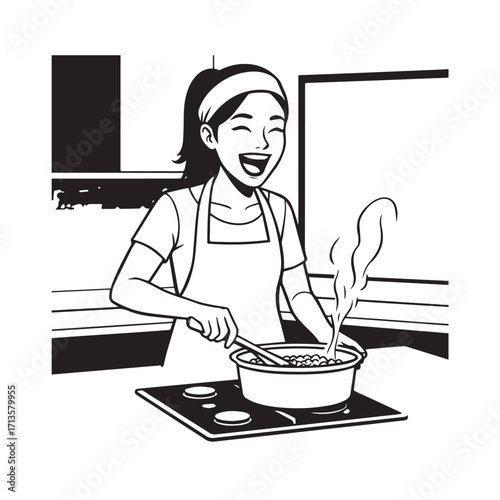 Black and White Vector Illustration of a Smiling Woman Cooking in Kitchen with Apron and Headband