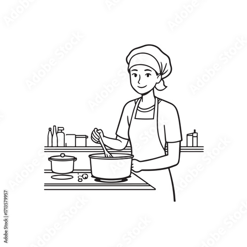 Black and White Vector Illustration of a Smiling Woman Cooking in Kitchen with Apron and Headband
