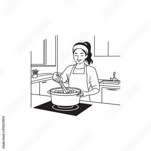 Black and White Vector Illustration of a Smiling Woman Cooking in Kitchen with Apron and Headband