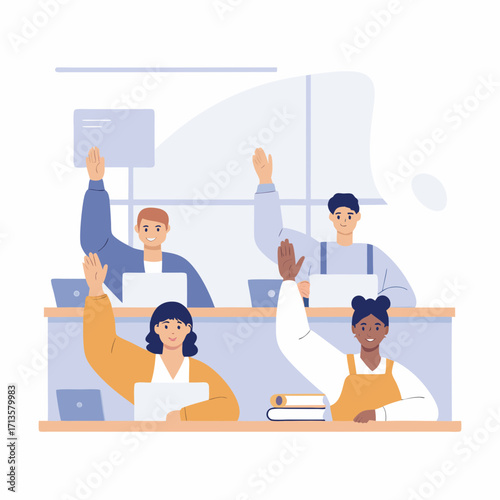 Diverse students raising hands in classroom during lesson  