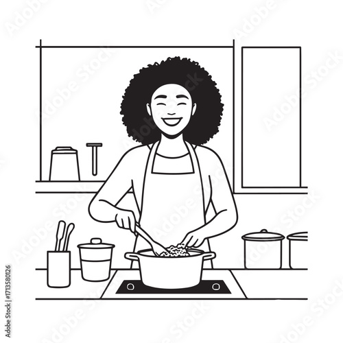 Black and White Vector Illustration of a Smiling Woman Cooking in Kitchen with Apron and Headband