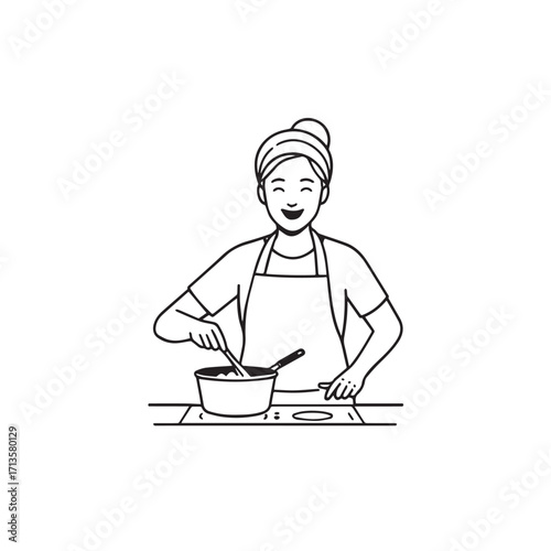 Black and White Vector Illustration of a Smiling Woman Cooking in Kitchen with Apron and Headband