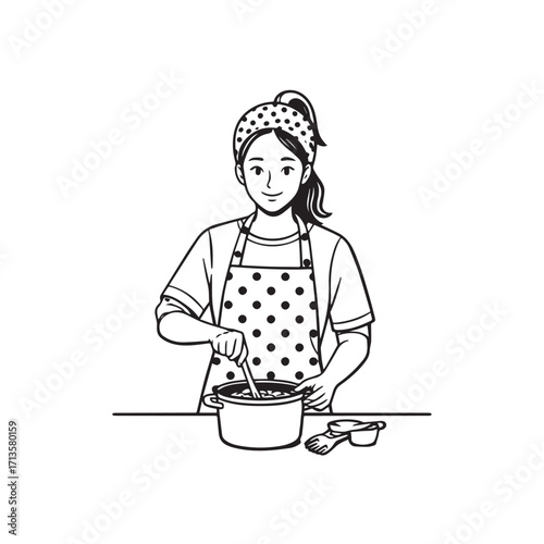Black and White Vector Illustration of a Smiling Woman Cooking in Kitchen with Apron and Headband