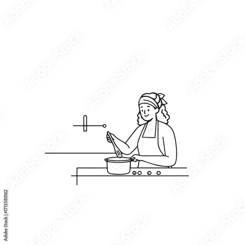 Black and White Vector Illustration of a Smiling Woman Cooking in Kitchen with Apron and Headband