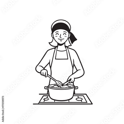 Black and White Vector Illustration of a Smiling Woman Cooking in Kitchen with Apron and Headband