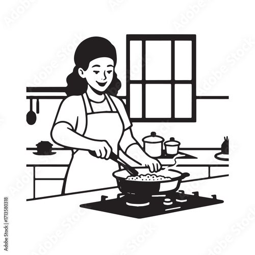 Black and White Vector Illustration of a Smiling Woman Cooking in Kitchen with Apron and Headband