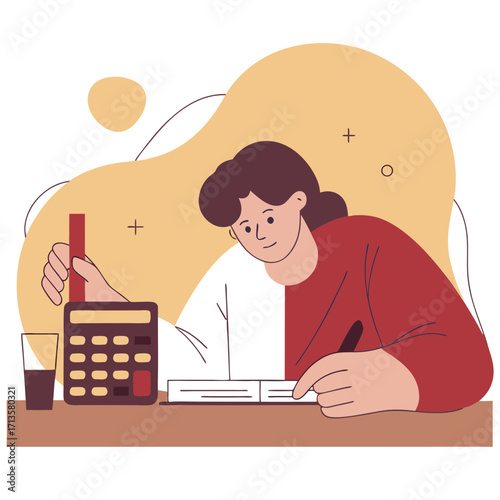 Young woman studying with calculator and taking notes at desk  