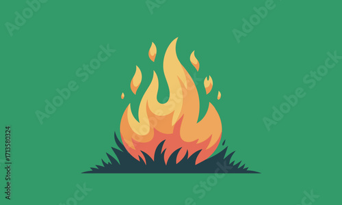 Stylized illustration of a vibrant campfire with flames and grass.